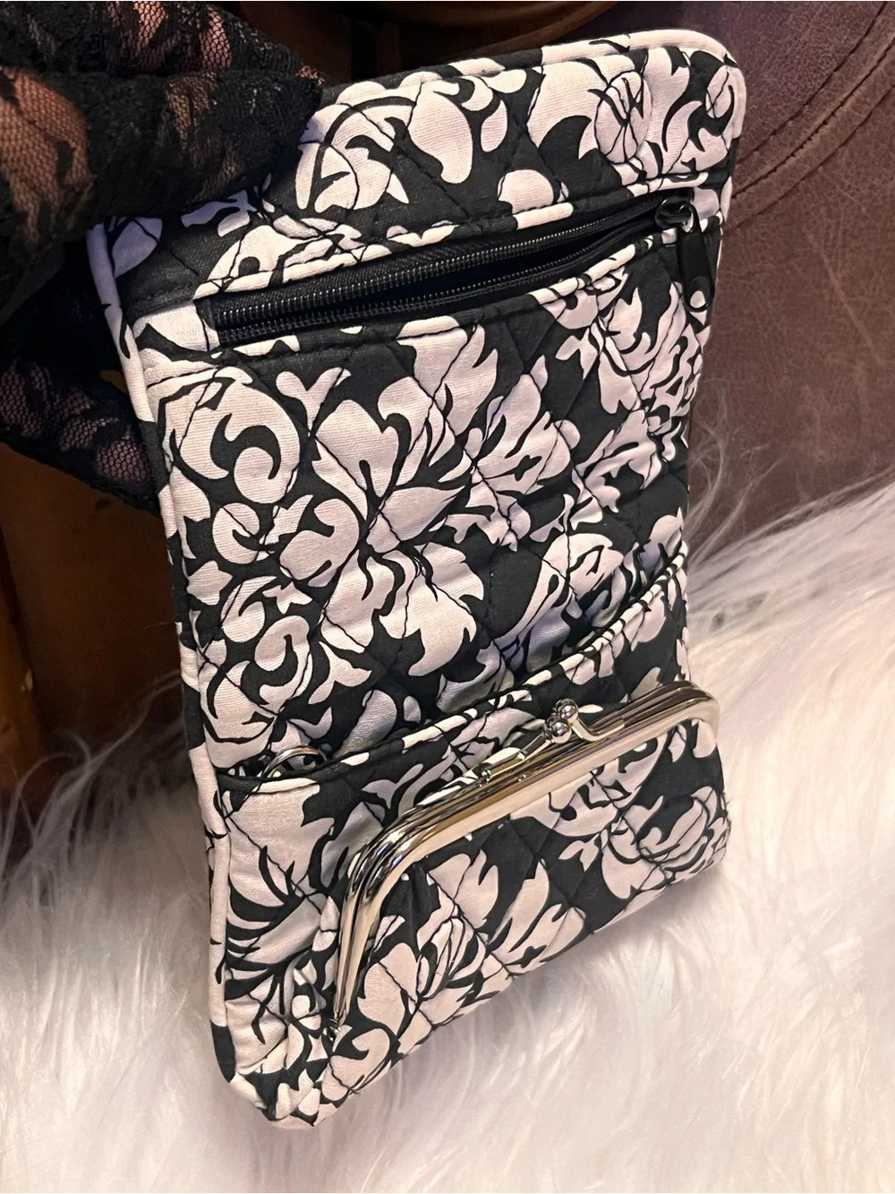 Quilted Black & Cream Floral Fold-Over Crossbody Bag